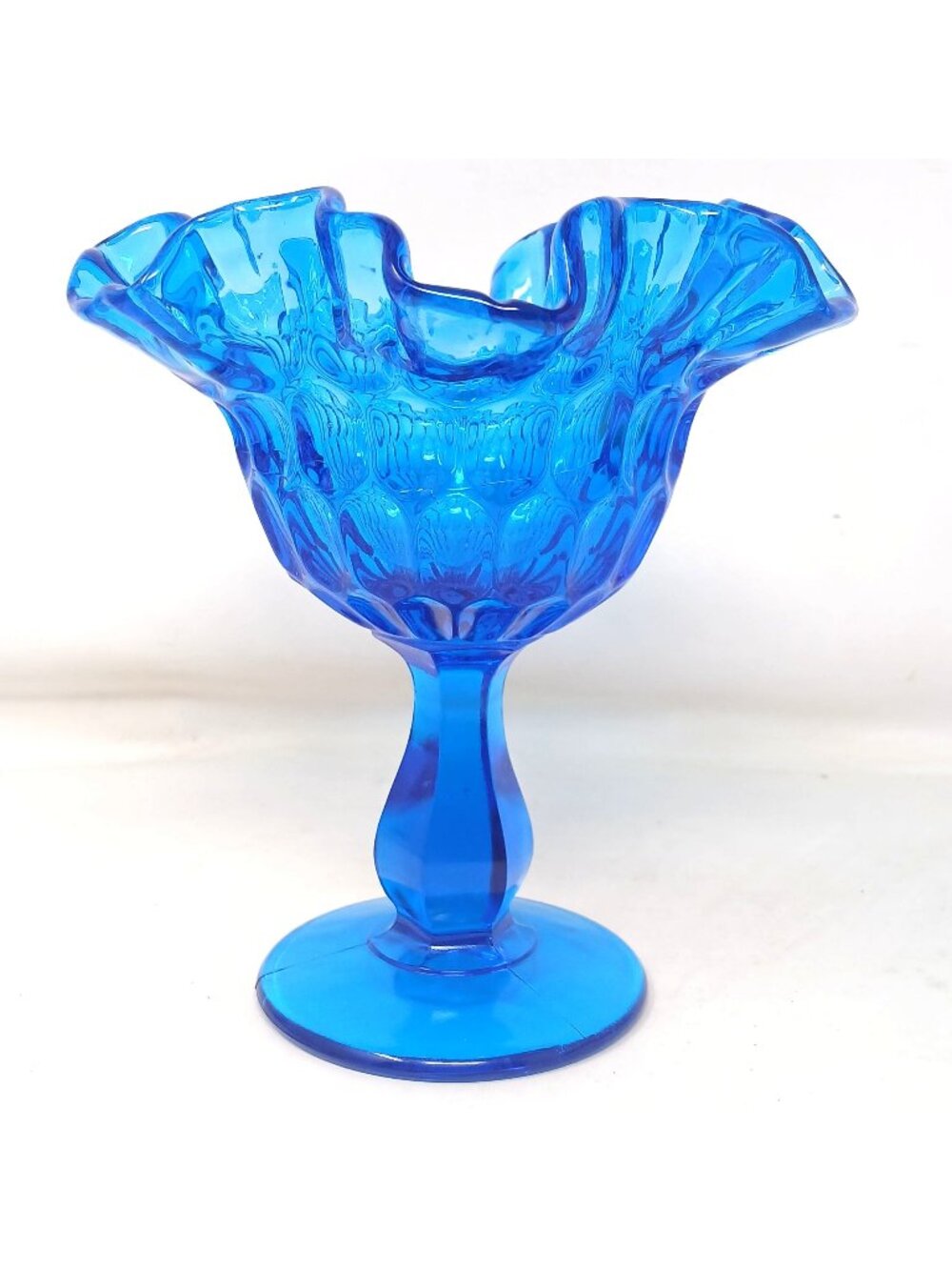 Vintage Fenton Colonial Blue Glass Ruffled Edge Pedestal Vase Compote Bowl #W-3